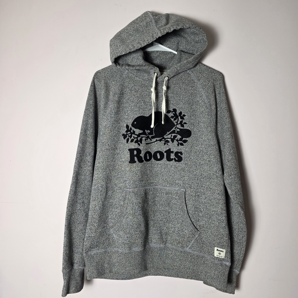 Roots Canada Beaver Logo Hoodie Gray Salt & Pepper Pullover Sweatshirt Size M